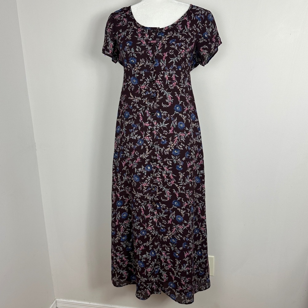 Vintage Braemar Dark Floral Romantic Maxi Dress Burungy Maroon Babydoll Tie Sz 8